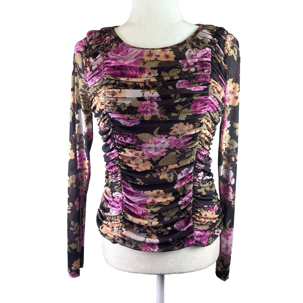 Anthropologie Maeve Sheer Ruched Retro Disco Mesh Long Sleeve Size S Scoop Neck - Picture 2 of 12